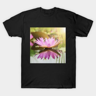 Water Lily Lotus with Dragonflies Reflection T-Shirt